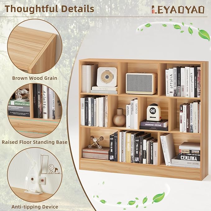 LEYAOYAO 10 Cube Bookshelf with Base,3 Tier Mid-Century Modern Grey Bookcase,Standing Wide Bookshelves Storage Organizer Shelf,Rustic Wood Display Cabinet Book Shelves for Bedroom,Living Room,Office