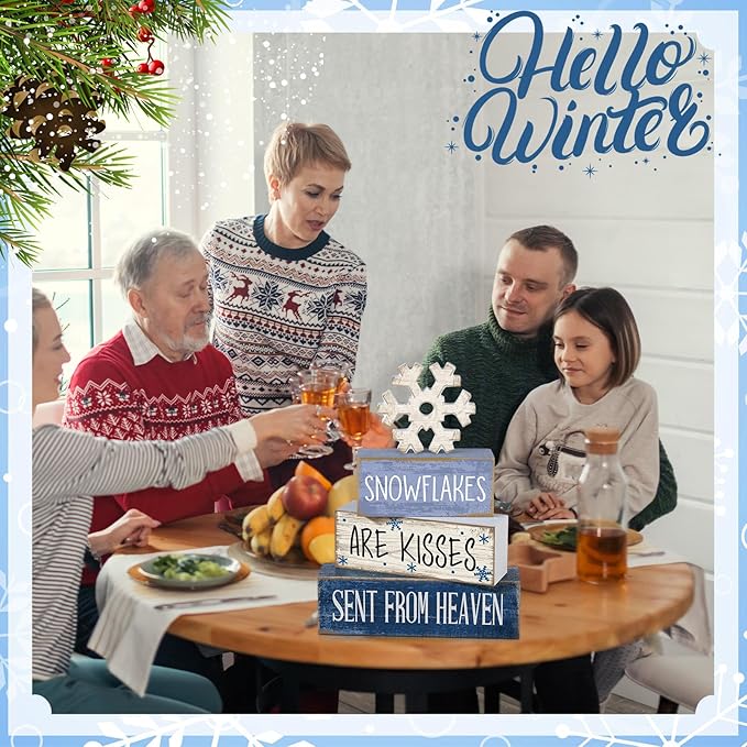 4 Pcs Christmas Table Decorations Wooden Snowflake Decor Winter Tiered Tray Decor Rustic Snow Block Signs Gift Farmhouse Christmas Centerpiece for Winter Wonderland Party Kitchen Home