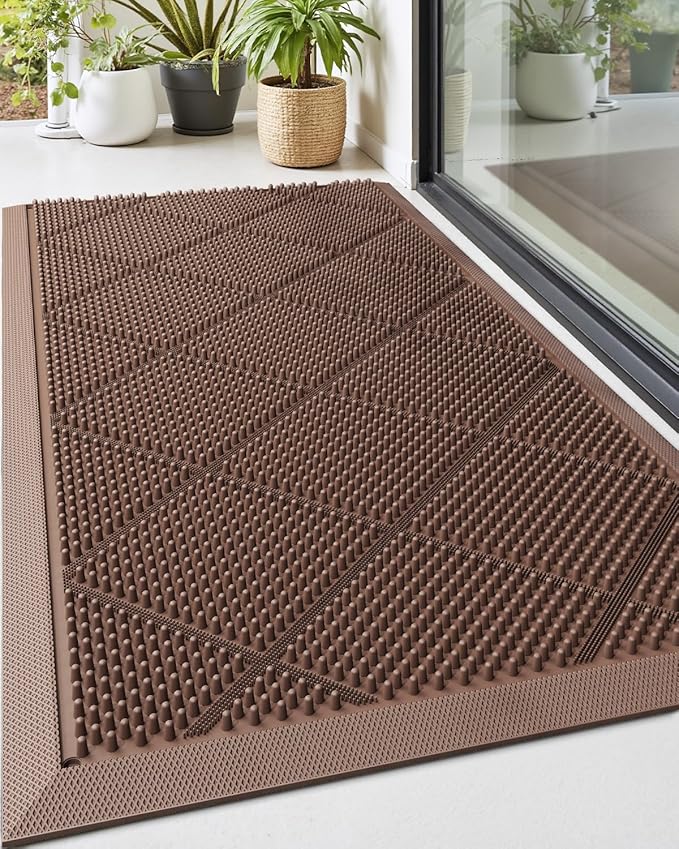 DEXI Front Door Mats Outside Entrance, 17x36 Rubber Waterproof Dirt Trapping Entry Mat for Entryway, Heavy Duty Non-Slip Low-Profile Welcome Doormat All Weather for Patio, Brown