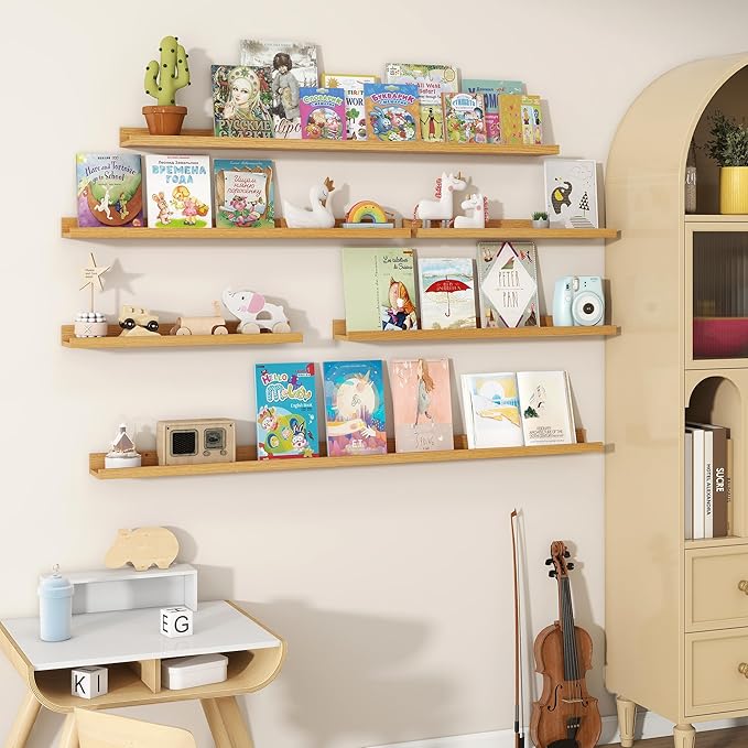 Fun Memories Picture Ledge Shelves Set of 2, 55 Inch Rustic Wall Mounted Floating Shelves with Lip for Home Storage and Décor in Bathroom, Kitchen, Nursery, Bedroom, Living Room, Oak