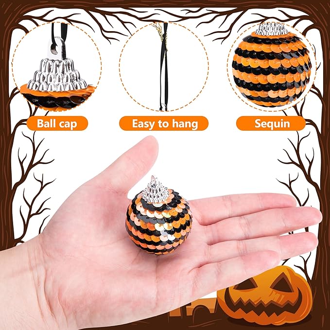 24 PCS Halloween Sequin Hanging Ball Ornaments-1.6 Inch Halloweens Black Orange Sequin Balls-Hanging Glitter Ball Ornaments for Halloween Tree Party Decor