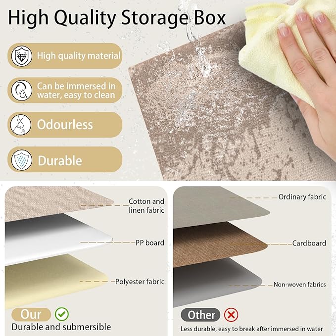 Yawinhe Foldable Storage Baskets for Shelves, Fabric Closet Organizers, Bins with 3 Handles, Cubes for Clothes, Beige, 15''Lx9.8''Wx8.3''H, 6-Pack