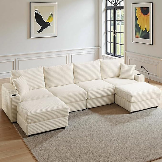 Modular Sectional Sofa Couch, Plush Corduroy Fabric Sectional Couches for Living Room with USB Charging Ports, Phone Holders, and Multi-Functional Storage Armrests (White, 4set+2ottoman)
