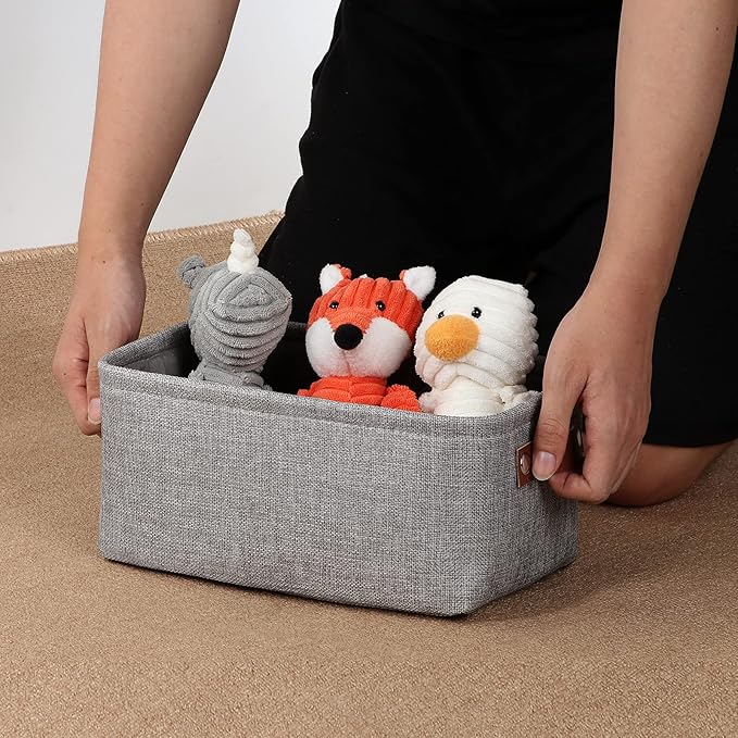 DULLEMELO Small Storage Baskets 11.8"x7.9"x5.1", Fabric Storage Bins for Shelves,Closets,Nursery,Home,Office [3 Pack], Collapsible Storage Baskets with Leather Handles (Gray)