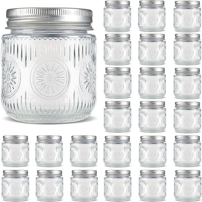 Mason Jars 8 oz - Vintage Small Glass Mason Jars with Silver Metal Lids, Regular Mouth Canning Jars, Safe For Storage, Canning, Pickling, Preserving, Fermenting, DIY Crafts & Decor (24Pack)