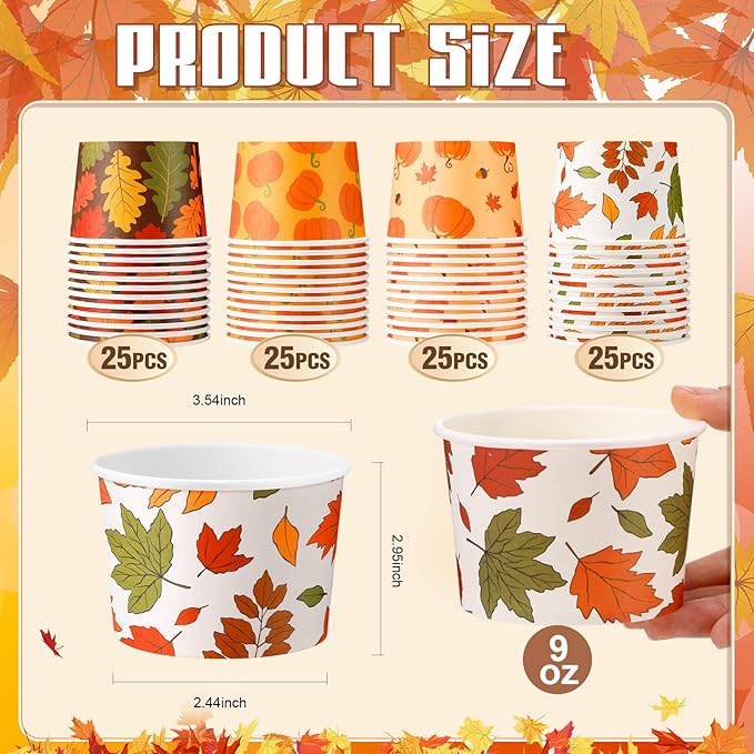 100 Pcs 9oz Fall Paper Bowls Treat Snack Cups Autumn Ice Cream Dessert Bowl Thanksgiving Pumpkin Maple Leaf Treat Snack Cup for Hot or Cold Food Thanksgiving Party Favor Supplies