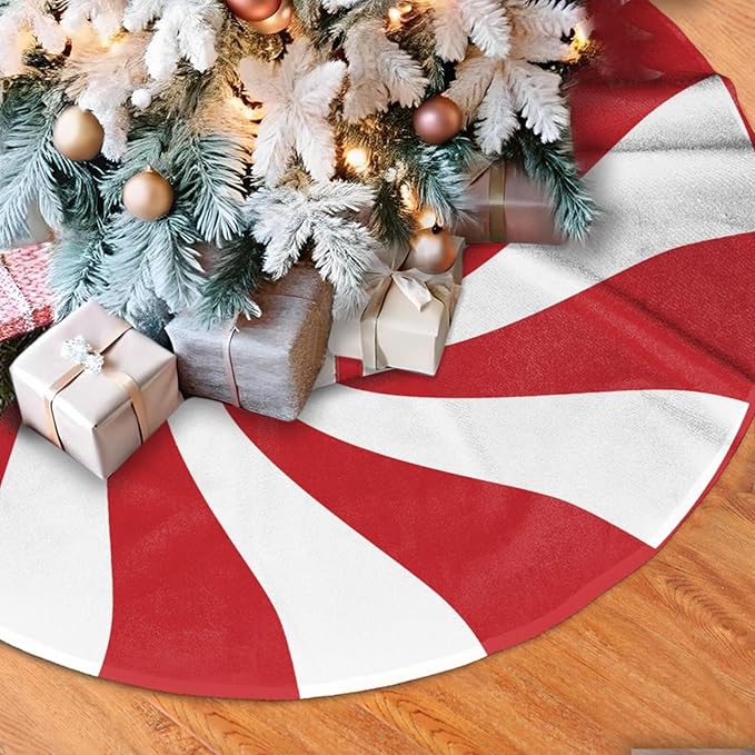 48" Large Christmas Tree Skirt, Red and White Peppermint Candy Round Pattern Tree Mat Base Cover for Xmas Festive Holiday Party Decoration Ornaments