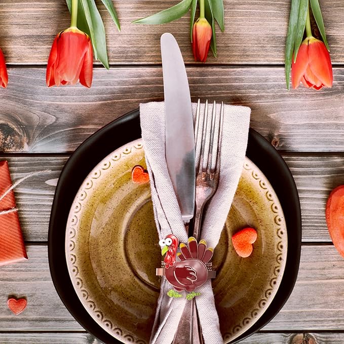 Halatool 6 PCS Thanksgiving Day Colorful Turkey Napkin Ring Funny Metal Festival Napkin Holders for Dinner Table Party Decoration