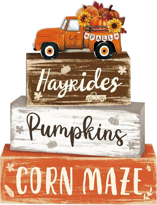 4 Pcs Fall Decor for Home Truck Pumpkin Wooden Signs with Sayings Autumn Thanksgiving Tiered Tray Decor Fall Hay Ride Tabletop Centerpiece Corn Maze Block Signs for Office Kitchen Shelf