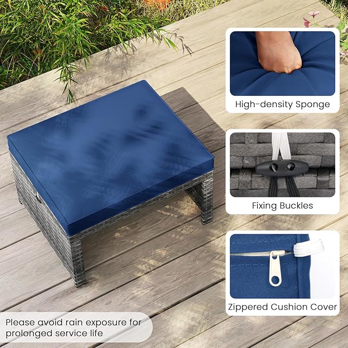 Tangkula 2 Pieces Patio PE Rattan Ottomans, Multipurpose Outdoor Footstool Footrest Additional Seating Side Table with Soft Zippered Cushions for Deck, Garden, and Yard (Navy Blue)