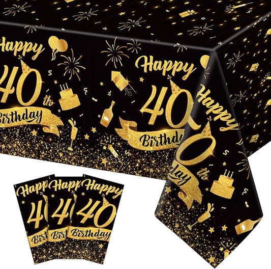 3 Pack 40th Birthday Plastic Black Gold Table Cloths, Rectangular 54x108 Table Cover for Birthday Party Decorations