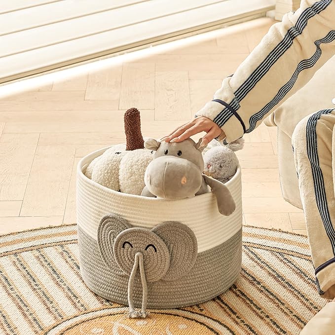 Large Baby Cute Storage Basket for Organizing -Elephant White & Grey 15""x15""x11"", 2024282319065