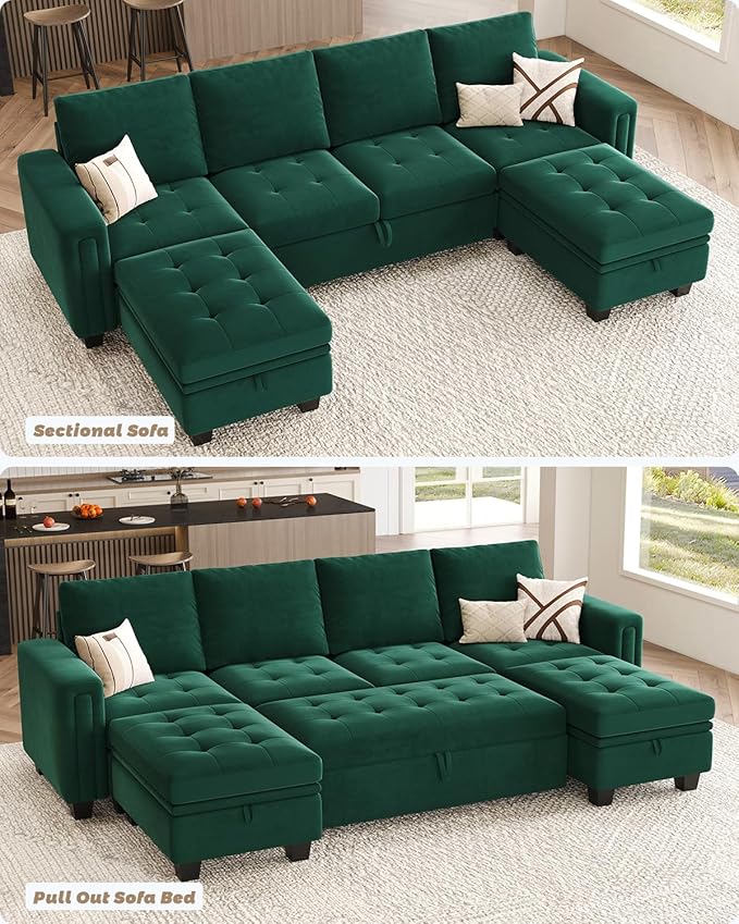 Belffin Modular Sectional Sleeper Sofa with Pull Out Bed Velvet Convertible U Shaped Sectional Sofa Couch with Storage Chaises for Living Room Green