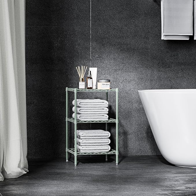 750 lbs 3-Shelf Storage Shelves Wire Shelving Unit Standing Metal Rack for Small Places Narrow Wire Rack for Bathroom, Green 13.8 D x 13.8" W x 25.5" H