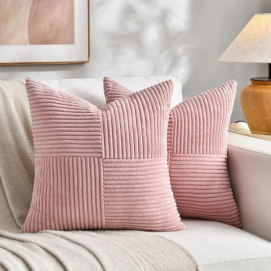 Fancy Homi 2 Packs Blush Pink Decorative Throw Pillow Covers 20x20 Inch for Living Room Couch Bed, Rustic Farmhouse Boho Home Decor, Soft Corss Corduroy Patchwork Accent Square Cushion Case 50x50 cm