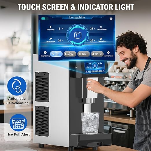Nugget Ice Maker Countertop, 60 LBS/Day with 5LBS Storage Bin, Water Dispenser Countertop Ice Maker Machine Stainless Steel, Soft Chewable Pellet Ice Machine for Home Bar Kitchen Office, Self-Cleaning