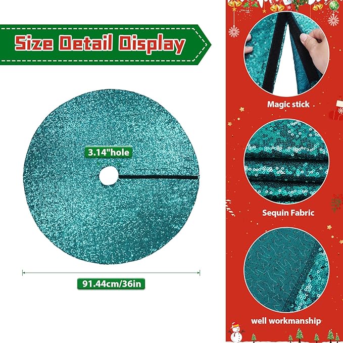 Eternal Beauty Christmas Tree Skirt, 36 Inch Teal Sequin Tree Skirt Small Xmas Tree Skirt for Christmas Tree Decorations