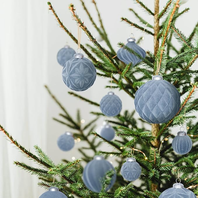 46PCS Velvet Christmas Ball Ornaments Set, Flocked Shatterproof Xmas Tree Decor, Assorted Hanging Ornaments with Loop for Holiday Home Decor, Christmas Tree, Mantel, Party Decoration (Gray Blue)