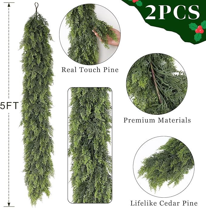 5FT Real Touch Cedar Garland - Artificial Christmas Garland Fake Green Faux Thick and Lush Pine Needles Garlands for Table Fireplace Mantle Holiday Home Indoor Outdoor Decor (2PCS)