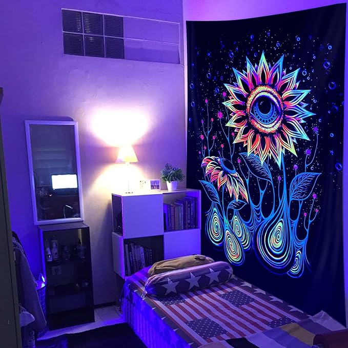 ADDWel Blacklight Sunflower Tapestry, Hippie Eye Tapestry Glow In The Dark, UV Reactive Black Light Upright Posters Wall Hanging for Bedroom Dorm Living Room Backdrop Decor