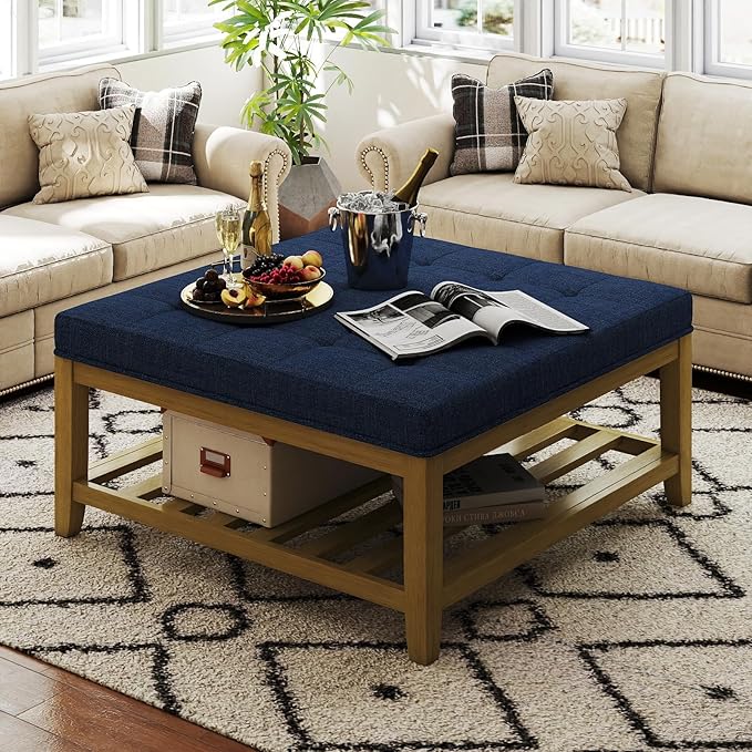 Large Square Ottoman Coffee Table, Linen Solid Upholstered Footrest Ottoman with Solid Wood Shelf Storage Tufted Coffee Table for Bedroom Living Room, Navy Blue