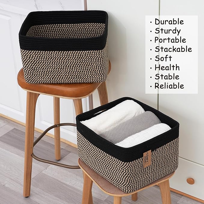 COMFY-HOMI Cotton Rope Woven Basket with Handles for Shelves,Toys,Book, Cloth Storage Baskets Bin for Organizing-13.5"x11"x9.5" Toy Decorative Organizer for Living Room, Bathroom-Black/Jute