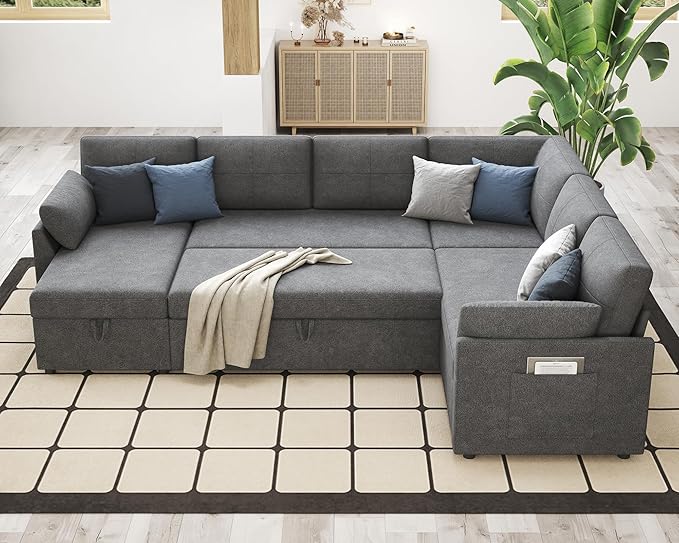 VanAcc Pull Out Sofa, 112 Inch Oversized U Shape Sleeper Sofa Couch with Storage Chaise & 3 Seater, Comfy Couch with Pull Out Bed for Living Room, Grey Linen