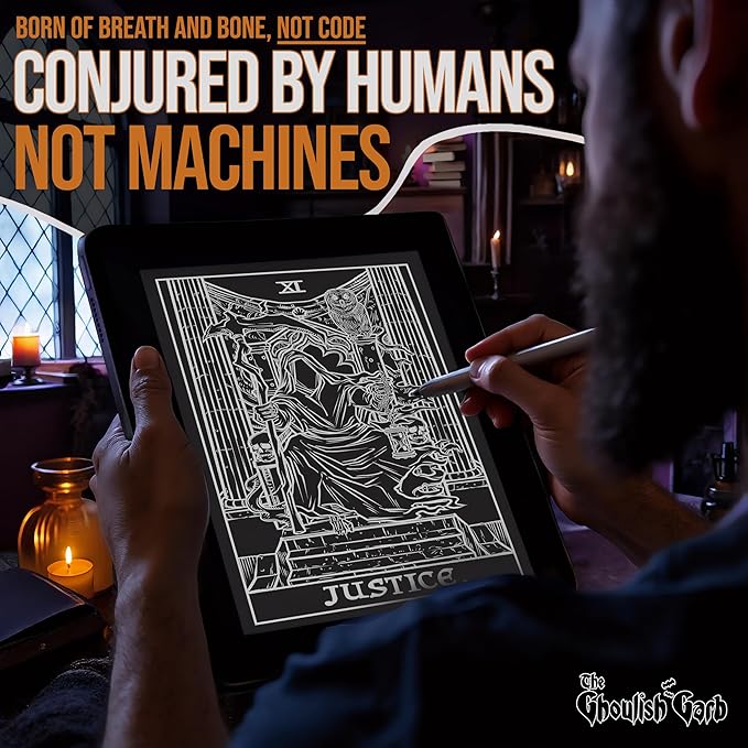 The Ghoulish Garb Justice Tarot Card Tapestry (Black & White) - Grim Reaper - Gothic Halloween Home Decor Wall Hanging (80" x 68")