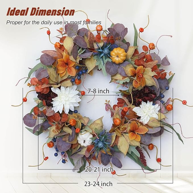 Fall Wreaths for Front Door Outside 24 Inch Autumn Wreath with Pumpkins, Silk Leaves & Purple Flowers Autumn Wreaths for Front Door, Halloween Wreath Decoration, Thanksgiving Decor