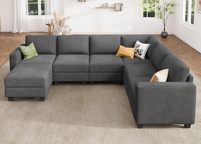HONBAY Corduroy Sectional Sofa with Storage, U Shape Modular Sectional Sofa with Chaise, Modular Couches for Living Room, Dark Gray
