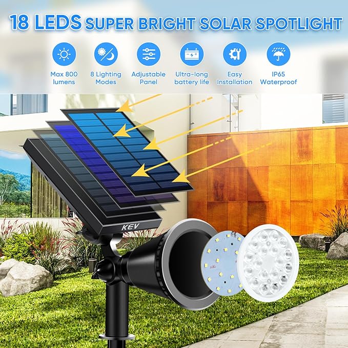 KEV 800 Lumens Solar Spot Lights Outdoor,18 LEDs Solar Flood Lights with 2 Modes &Adjustable &IPX65 Waterproof,Solar Spotlight for Driveway/Backyard/Patio Landscape/Tree/Garage(Warm White,2 Pack)