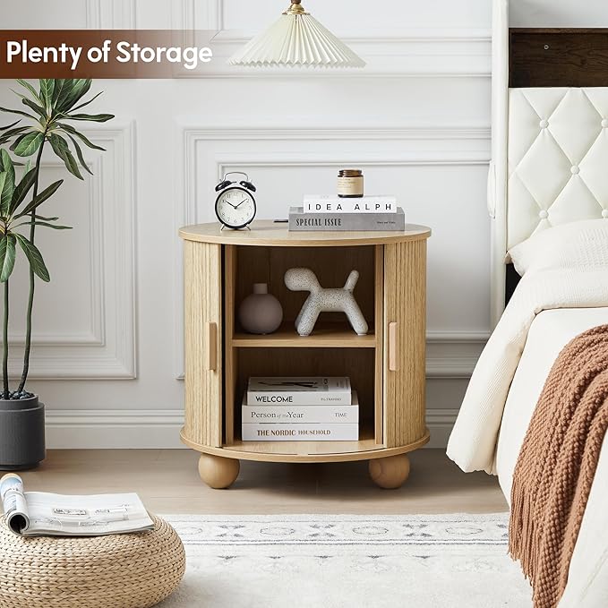 Farmhouse Round End Table with Charging Station, 24" Large Fluted Sofa Side Table with Sliding Tambour Door & Storage, Mid-Century Wood Nightstand for Living Room, Bedroom (Natural)