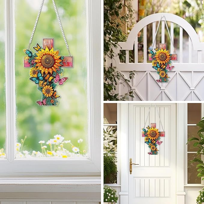 EOBROMD Diamond Hanging Art Kits for Adults, Cross Butterfly Suncatcher Diamond Art Painting, DIY Special Shaped Rhinestone Kits for Adults, Window Pendants Home Garden Wall Hanging Ornament