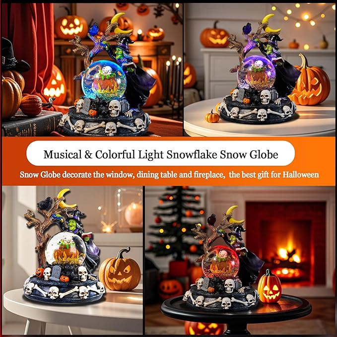 Halloween Snow Globe Lantern with Music - Lighted Witches, Ravens, Pumpkins & Black Cat Glitter Lantern, Witch Black Cat Halloween Decorations Indoor for Spooky Party Home Décor