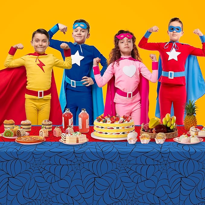 4Pcs Spider Web Themed Birthday Party Tablecloths Decorations,Mix Blue and Red Hero Plastic Table Cover Disposable Rectangle Table Cloth for Baby Shower Kids Boys Birthday Party Supplies,54x108 Inch