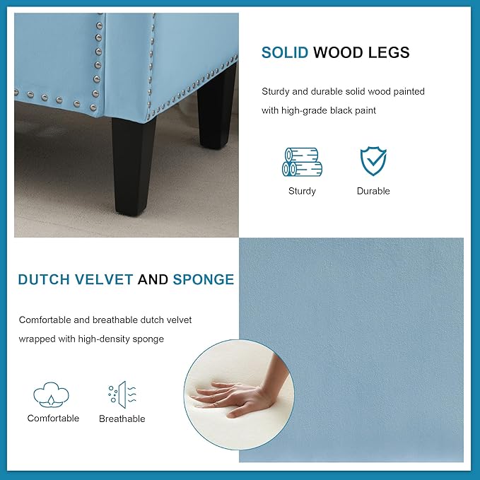 Storage Ottoman Bench, Velvet Upholstered Footstool for Bedroom and Living Room, Tufted Seat with Storage, Wooden Legs & Metal Rivets, Light Blue