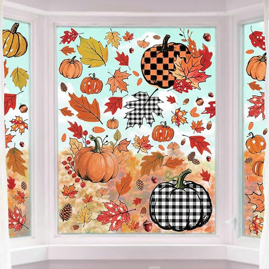 8 Sheets Fall Decorations, 178 Pcs Fall Window Clings, Double Sided Autumn Stickers with Maple Leaves Pumpkin Nuts Pine Cones for Party Thanksgiving Decor Indoor Outdoor Accessories