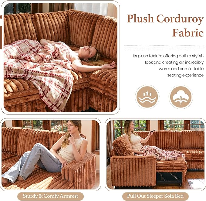 Belffin Oversized Sofa Bed Modular Sectional Sleeper Sofa with Pull Out Bed L Shaped Couch with Storage Chaise Brick Red Couch