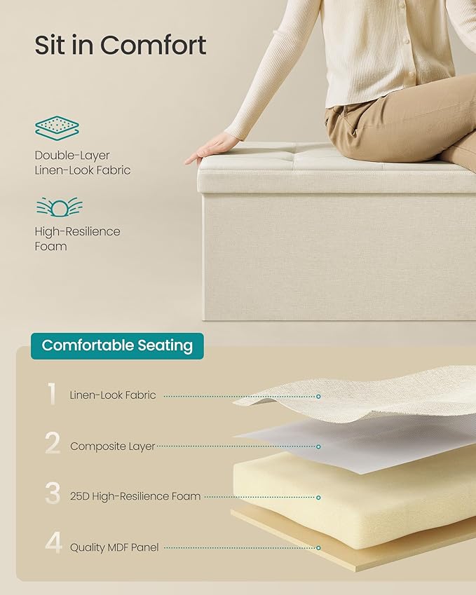 SONGMICS MAZIE Collection - 43 Inches Folding Storage Ottoman Bench, Ottoman Foot Rest, End of Bed Bench, Storage Chest, Load 660 lb, for Living Room, Bedroom, Entryway, Cream White ULSF77BE