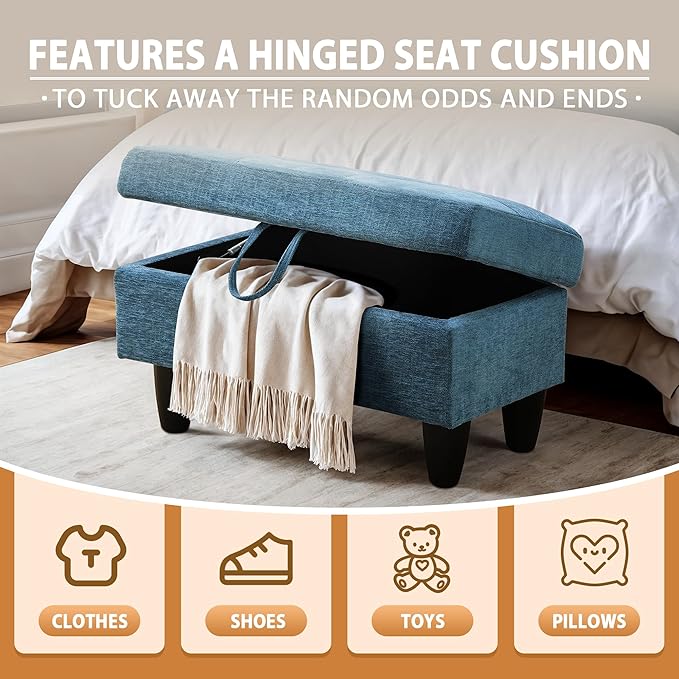 Ottoman Rectangular Storage Ottoman Bench, Flannel Footrest Stool Footstool with Lid for Living Room, Bedroom, Entryway, Light Blue, 28.5"x19"x17.5"