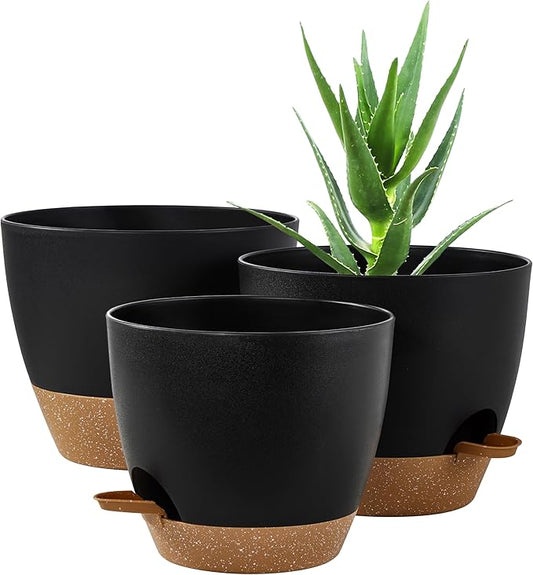 FaithLand 3-Pack Planter Pots, 10 9 8 Inch Self Watering Flower Pots for Indoor Outdoor Garden Plants, Black with Brown