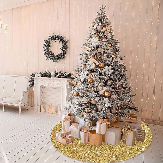 Gold Tree Skirt 46 Inch Shiny Sequin Christmas Tree Skirt Christmas Decorations for Feast Tree Velour Glittery Xmas Tree Skirts Round Metallic Christmas Tree Mat Skirt Vintage Sequins Tree Blanket.