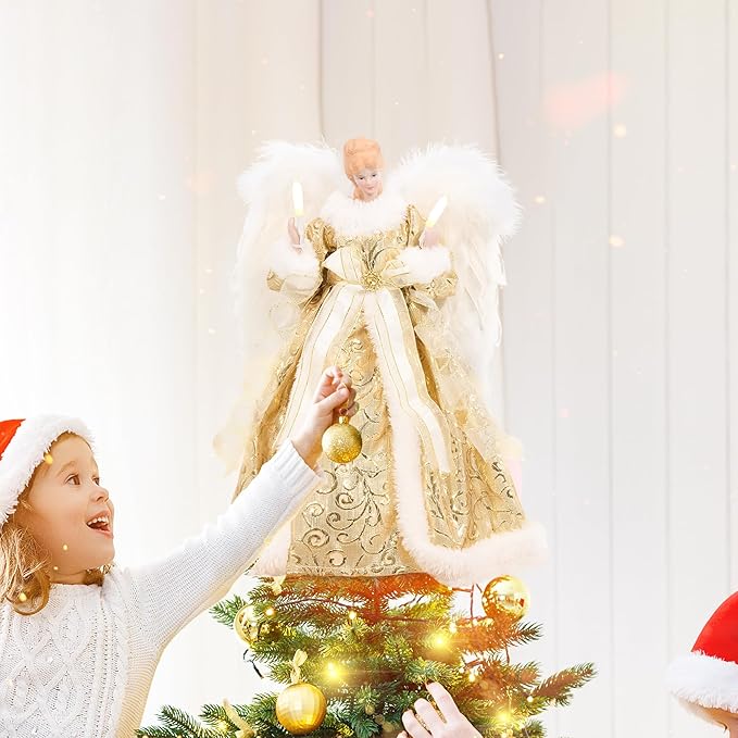 GENMOUS Angel Christmas Tree Topper, 12 Inch Gold Angel Treetop, Angel Figurine Christmas Tree Top, Christmas Tree Decorations for Home