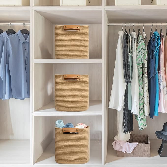 danpinera 3 Pack 11 Inch Woven Baskets for Storage, Stylish Storage Baskets for Shelves, Laundry, Bathroom, Kitchen, Cube Storage Bin, Cotton Rope Boho Baskets, Jute