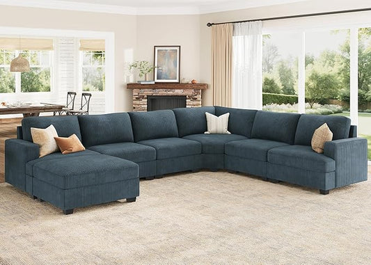 Nolany Modular Sectional Couch with Storage Ottoman, Corduroy Sectional Sofa with Chaise, U Shape Sectional Couches for Living Room, Blue