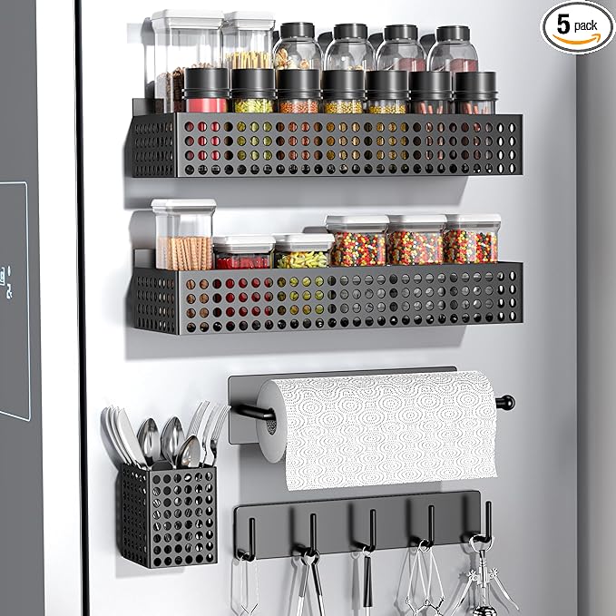 Magnetic Spice Rack for Refrigerator 2 Tiers and Paper Towel Holder and Utensil Holder, Magnetic Refrigerator Organizer, Strong Magnetic Fridge Shelf, Side Fridge Storage Rack for Kitchen