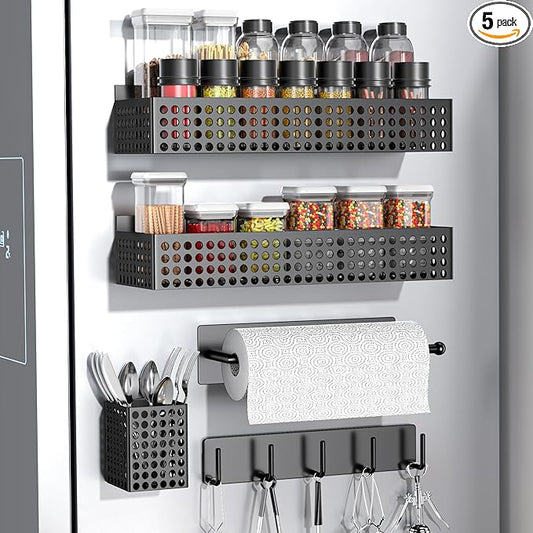 Magnetic Spice Rack for Refrigerator 2 Tiers and Paper Towel Holder and Utensil Holder, Magnetic Refrigerator Organizer, Strong Magnetic Fridge Shelf, Side Fridge Storage Rack for Kitchen