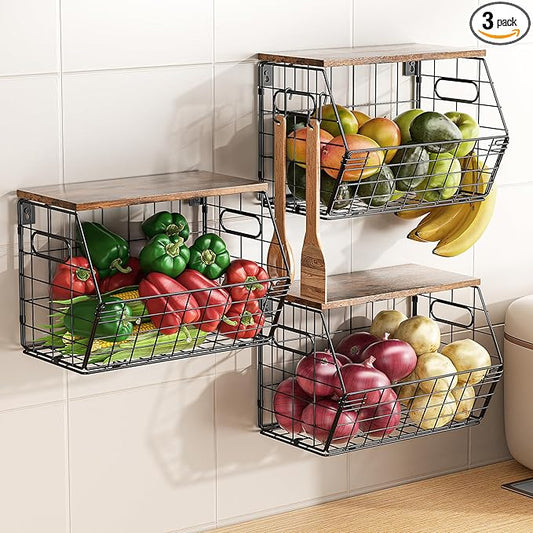 Delamu 3 Pack Stackable Metal Fruit Basket with Wood Lid-Wall Mounted&Countertop Organizer for Kitchen,Pantry- Ventilated Storage for Onions,Potatoes,Fruits,Spices,Black