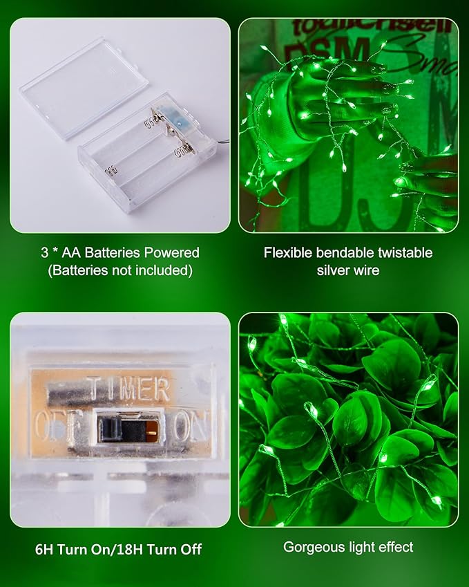 Fairy Lights Battery Operated, Twinkle String Lights Silver Wire 5 Feet 60 Led Firecracker Starry Lights for DIY Wreath Home Wedding Party Bedroom Mason Jar Holiday St. Patrick Decoration, Green