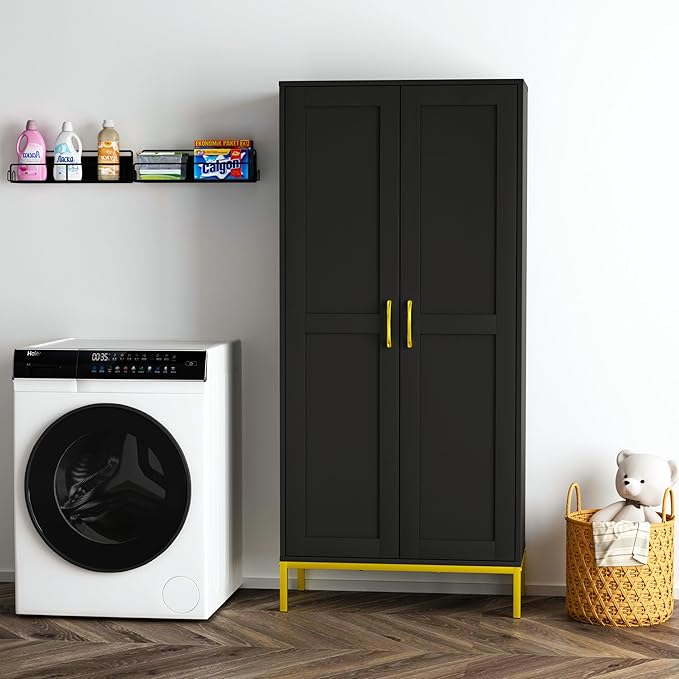 Tall Storage Cabinet, Kitchen Pantry Cabinet with 2 Doors & Adjustable Shelves for Laundry Room, Living Room, Entryway,Bathroom,Black